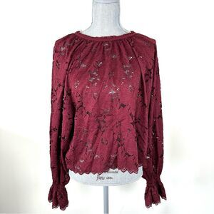 Free People Women's Olivia Burgundy Stretch Lace Top SZ M Bohemian Romantic